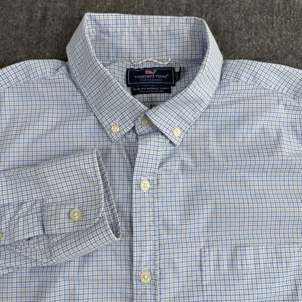 Vineyard Vines Men L Performance Slim Fit Murray Shirt Blue Check Stretch